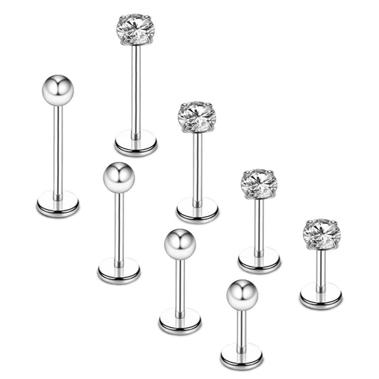 8pcs Stainless Steel Nose Studs Labret Bars Lip Stud Rhinestone Cartilage Earrings Nose Piercing Jewelry for Women Men 6-12mm