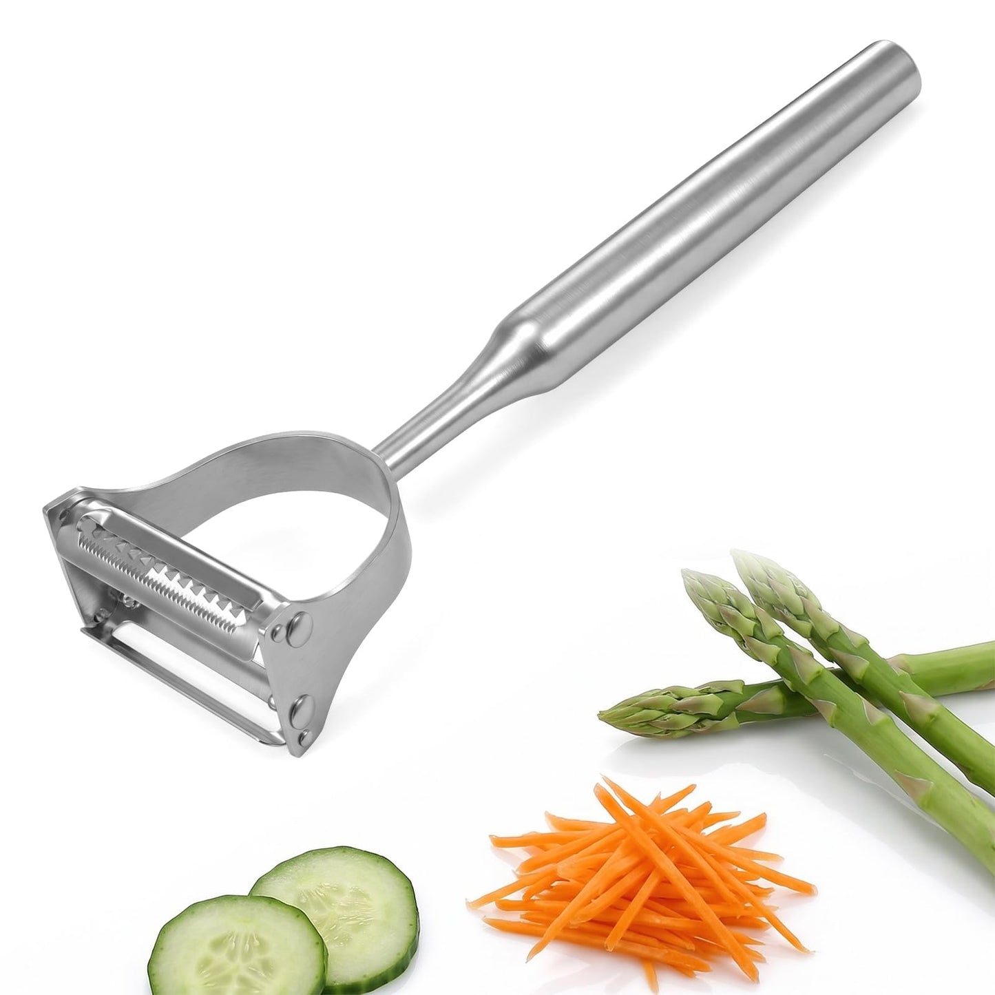 2-in-1 Julienne Peeler Vegetable Peeler, Multifunction Stainless Steel Peeler Shredder for Various Fruits and Vegetable, Straight-Edge Blades for Peeling, Serrated Blades for Julienne