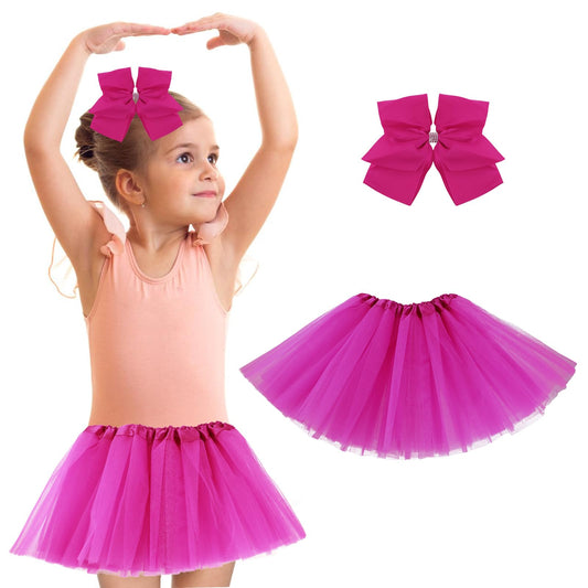 Yolev 5 Layered Tulle Tutu Skirt for Girls Princess Ballet Dance Dress Kid Tulle Dance Skirt with Hair Bow for Little Girls Dress Up (Rose Red)