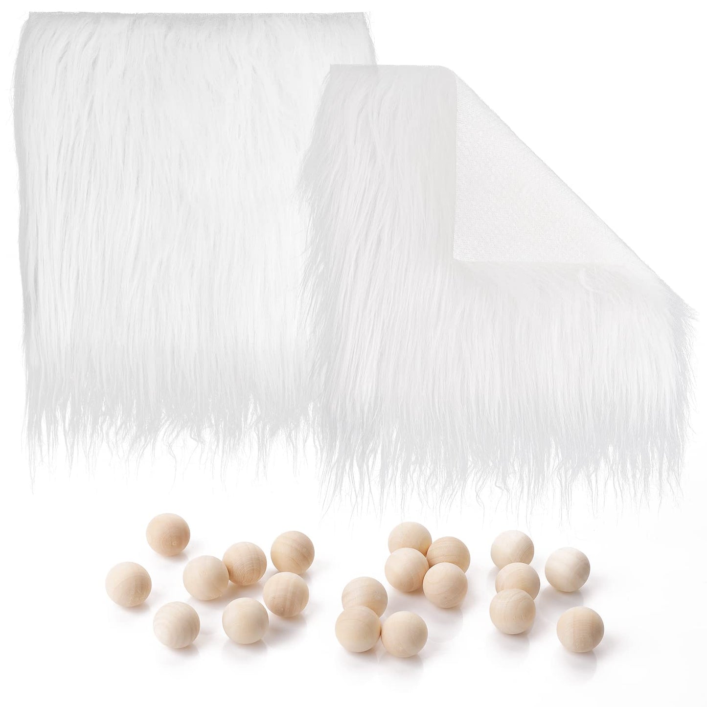 Lusofie 2Pcs White Fur Fabric Square Faux Fur Fabric with 20pcs Wood Craft Balls White Fur Fabric Patches Craft Fur for Sewing Costume Cushion Chair Cover Gnome(10 x 10 Inch)