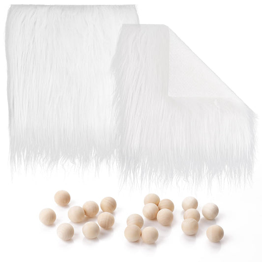 Lusofie 2Pcs White Fur Fabric Square Faux Fur Fabric with 20pcs Wood Craft Balls White Fur Fabric Patches Craft Fur for Sewing Costume Cushion Chair Cover Gnome(10 x 10 Inch)