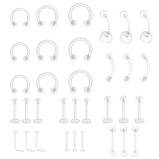 Yolev 33pcs Clear Septum Ring Clear Piercing Jewelry Piercing Retainer Acrylic Clear Piercing Retainers Set Flexible Nose Septum Studs Lip Ear Nose Eyebrow Tongue Rings.