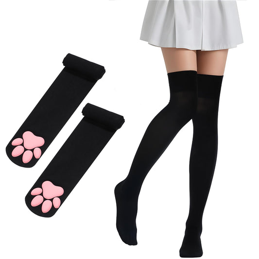 Lusofie Cat Paw Socks for Women Black Cute Thigh High Socks Kawaii Soft 3D Cat Socks Toe Beans Knee High Socks for Cosplay Halloween Party and Daily Lives
