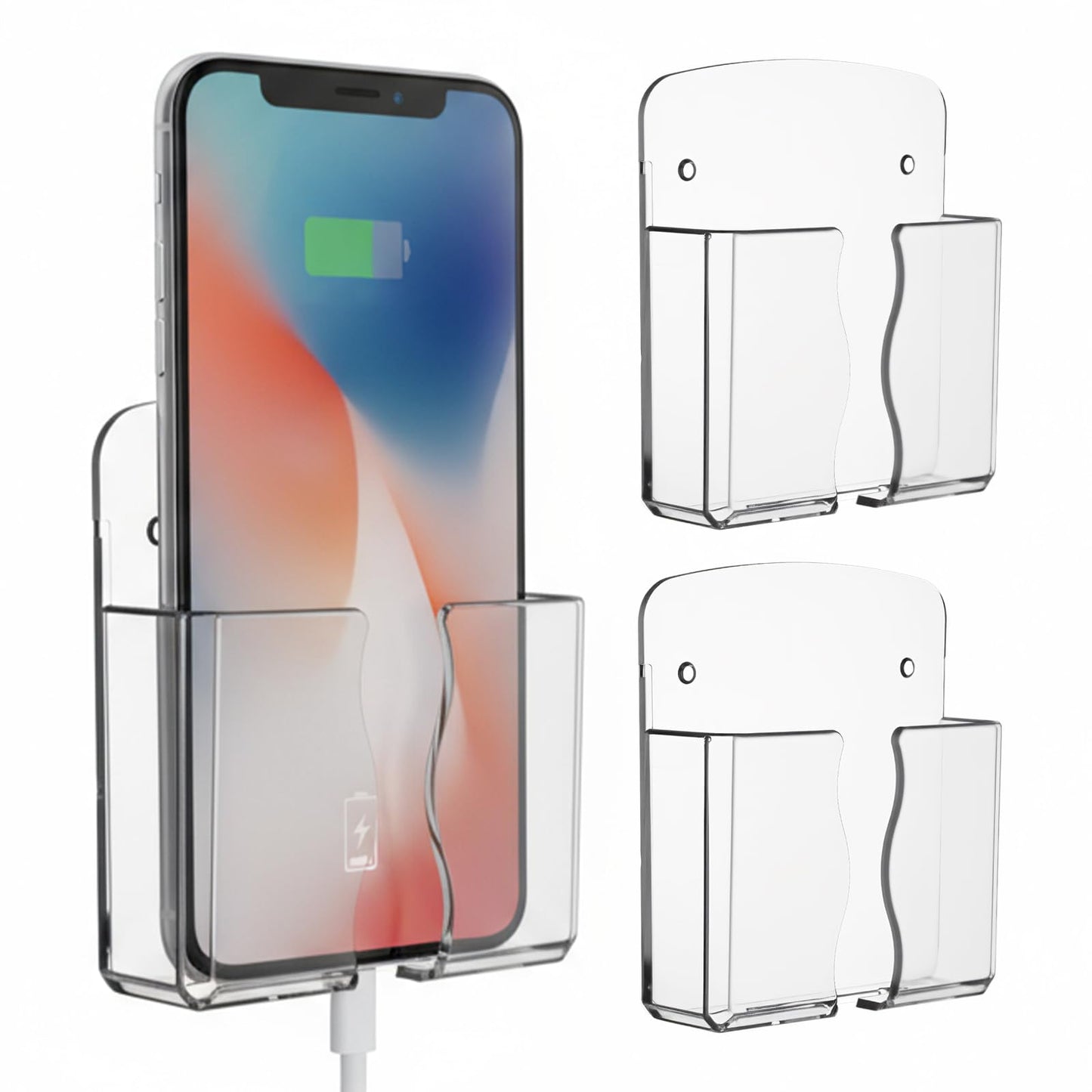 HaiFafafaing 2 Pcs Wall Mount Phone Holder, Clear Self Adhesive Stand with Charging Hole Compatible with Smartphone, Bedside Organizer Remote Control Stand for Home Office Car