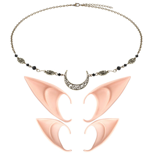 Lusofie Cosplay Fairy Pixie Elf Ear Moon Head Chain Vintage Crystal Headpieces Hair Accessories with Up Costume Masquerade Accessories for Christmas