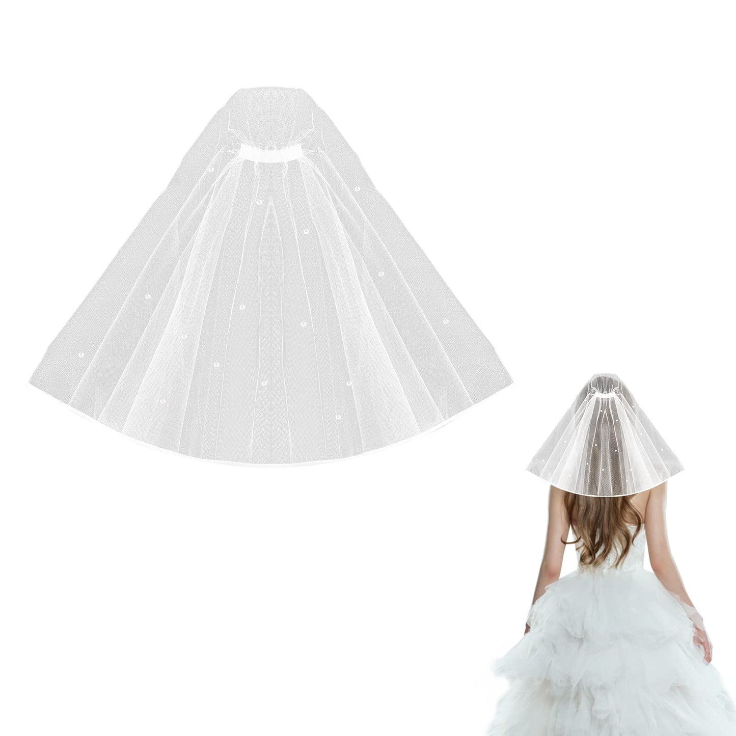 Wedding Bridal Veil with Pearl with Comb, Bridal Tulle Veil with Comb for Brides Shower Bachelorette Hen Night Party