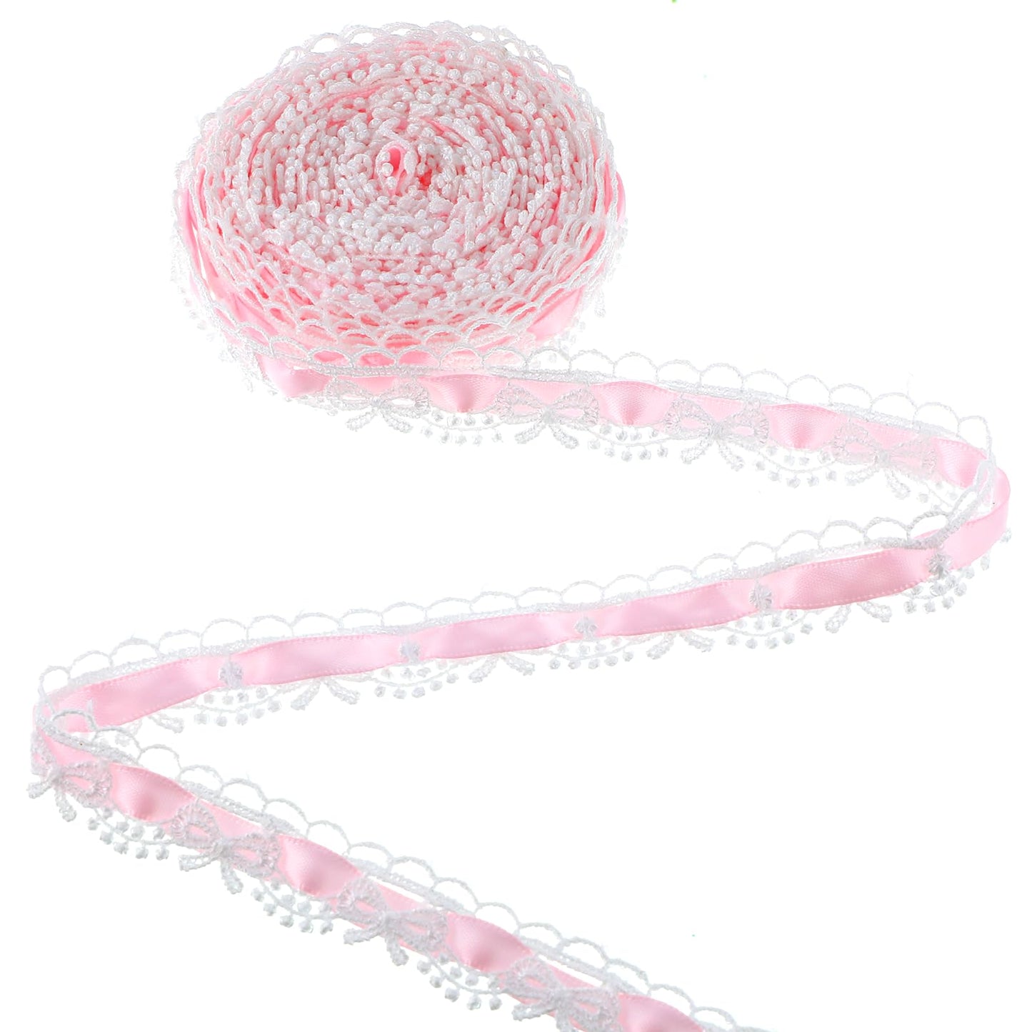 10 Yards White Bow Lace Trim with Pink Edge - 0.6 Inch Wide Cotton Lace Ribbon | Ruffled Sewing Supplies for DIY Crafts, Costumes, Hats, Photo Frames | Dressmaking & Decorative Trimming