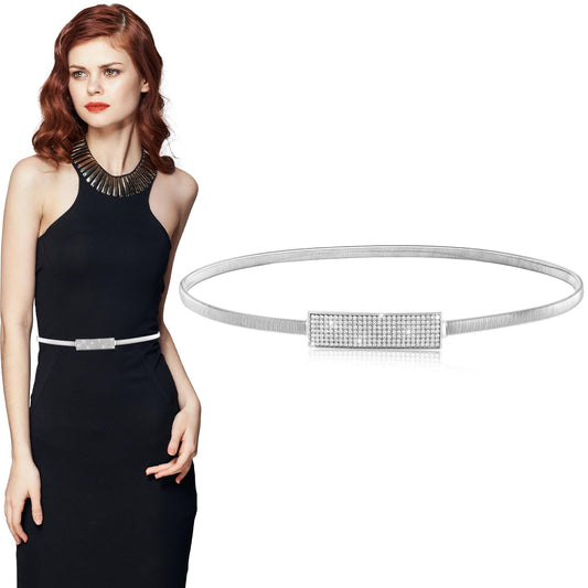 HaiFafafaing Women's Skinny Metal Waist Belt, Ajustable Elastic Thin Waist Belt,Fashion Rhinestone Silver Belts for Dress
