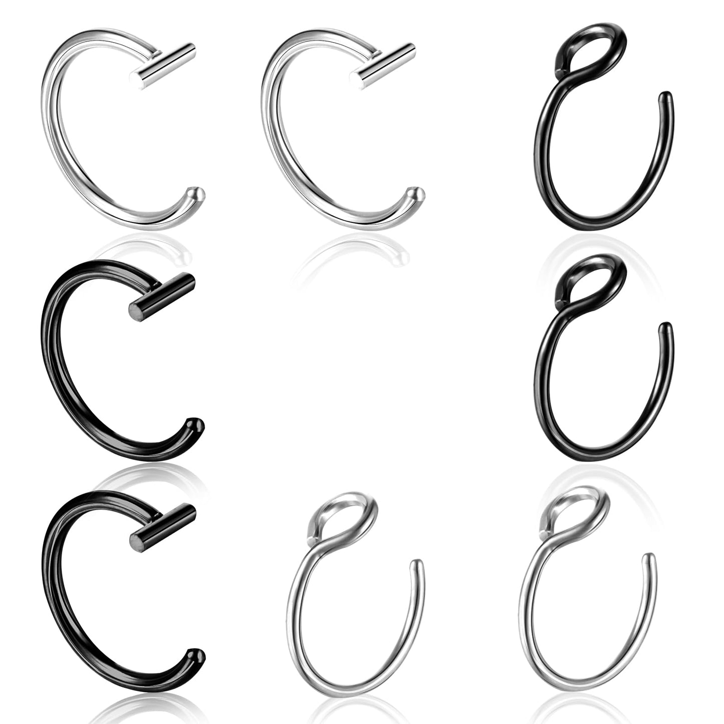 Tucnoeu 8pcs Fake Lip Piercing Silver Black 18G Fake Nose Piercing Fake Lip Ring 20G Stainless Steel Clip on Nose Ring For Women Non Piercing Faux Nose Piercing Jewelry