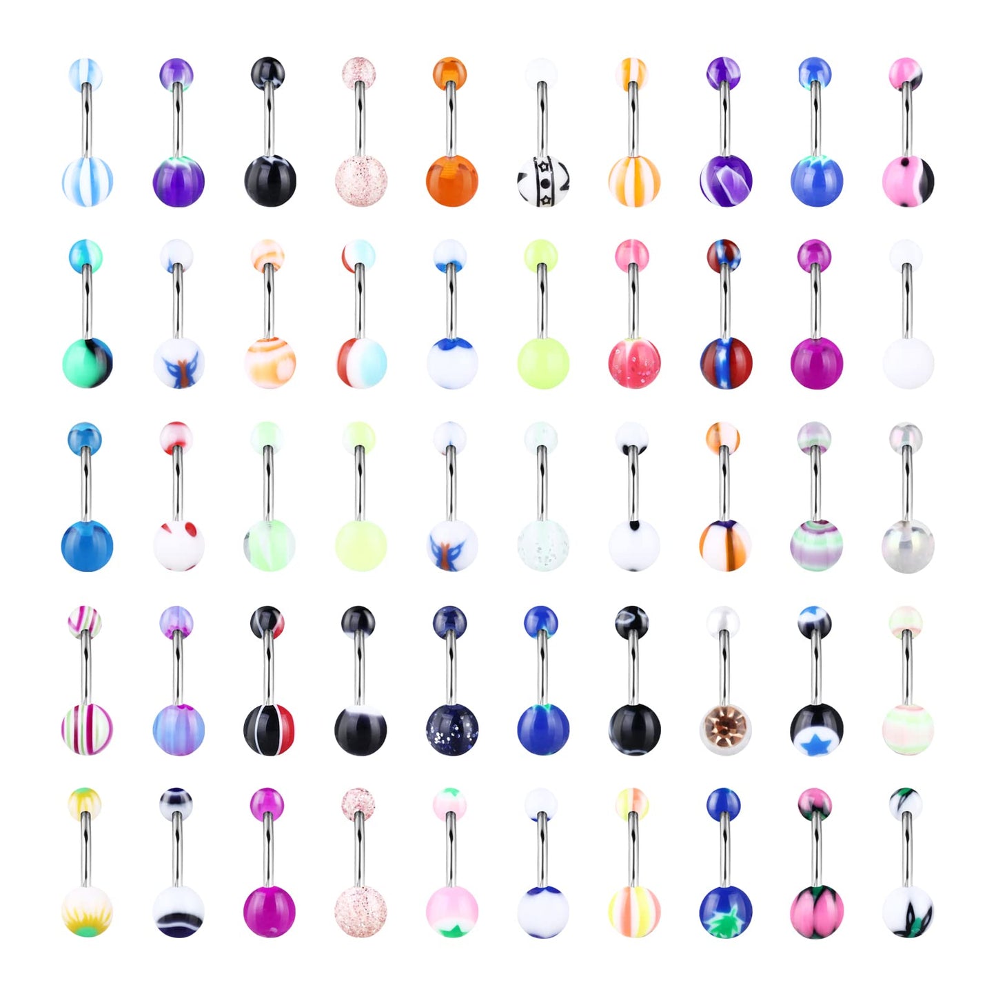 Yolev 50PCS Belly Button Rings Belly Rings for Women Girls Stainless Steel Tongue Rings Navel Piercing Jewelry for Women Men