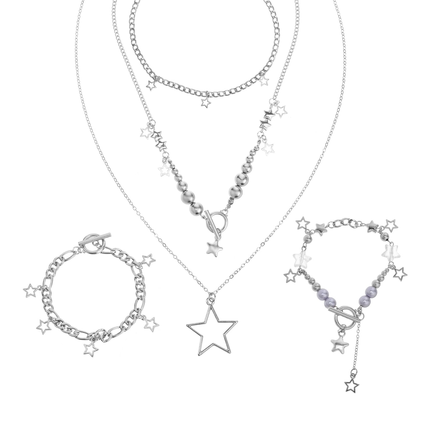 Lusofie 3 Pcs Layered Necklace Silver Star Necklaces Y2k Necklace 2 Pcs Star Bracelets Gothic Jewelry Y2k Jewelry Set Layered Silver Necklaces for Women