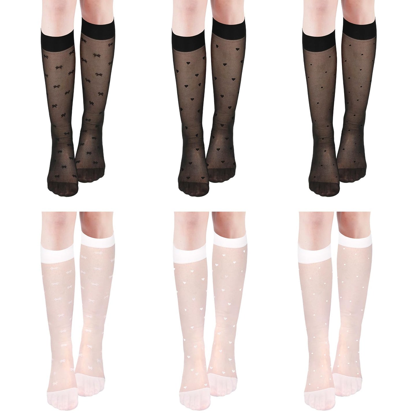Telooco 6 Pairs Sheer Knee High Stockings 10Denier Nylon Knee Highs for Women Black White Elasticity Stockings with Reinforced Toe