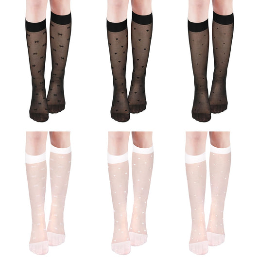 Telooco 6 Pairs Sheer Knee High Stockings 10Denier Nylon Knee Highs for Women Black White Elasticity Stockings with Reinforced Toe
