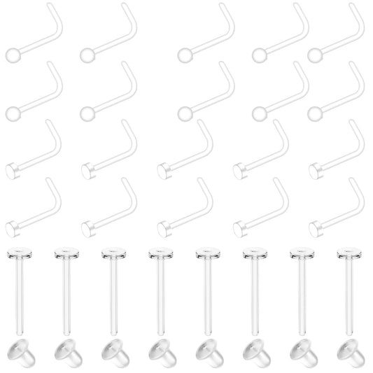 Lusofie 28Pcs Clear Nose Studs Nose Rings for Work, Acrylic Clear Nose Piercing Clear Piercing Retainer L Shape Invisible Clear Cartilage Earrings for Surgery(20G)