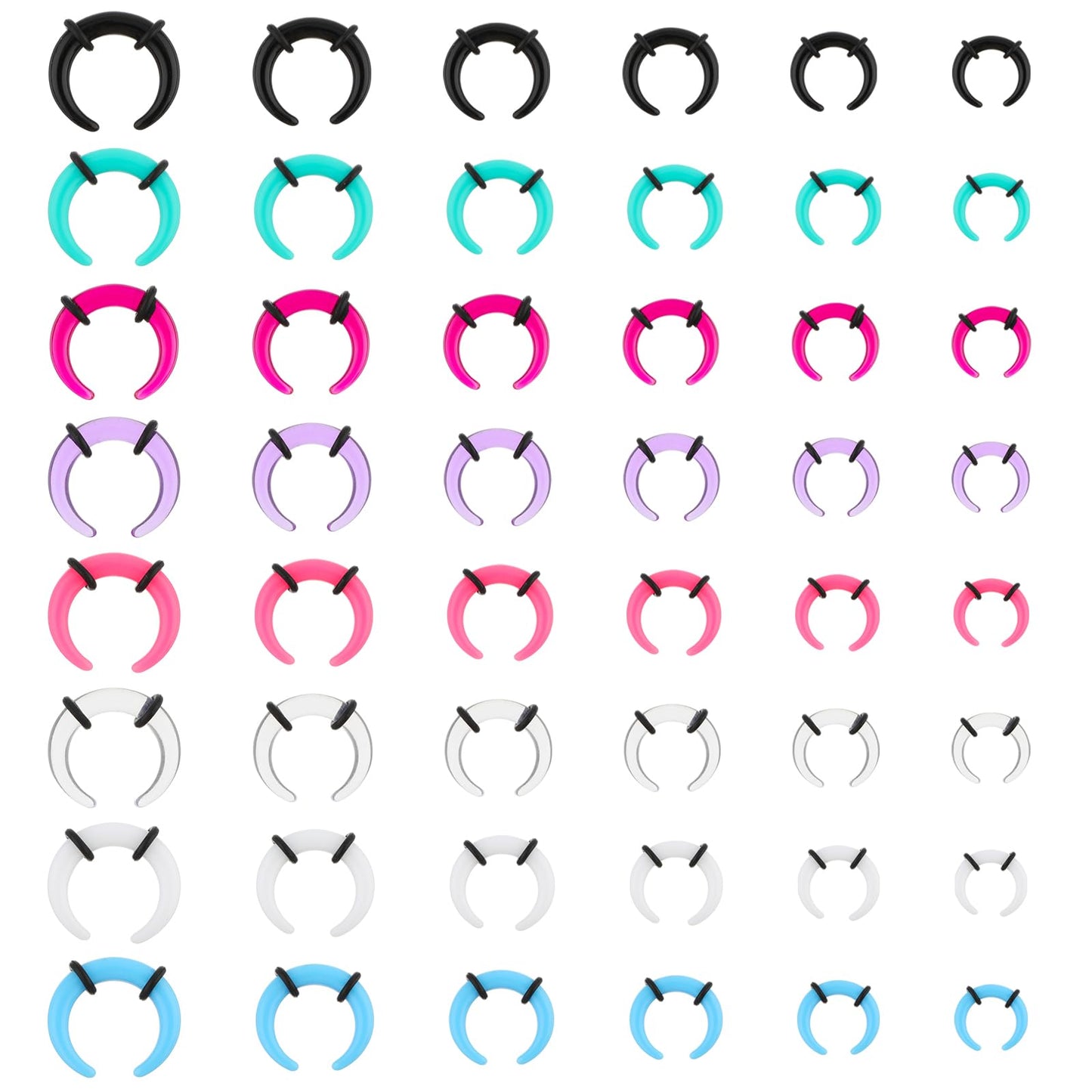 Yolev 48Pcs Acrylic Pincher Tapers Septum Ring C Shape Buffalo Septum Stretching Kit Stretcher Expander Rings Piercing Jewelry With Black O-Rings Lip Ring Silver Black Gold Septum Rings Septum Jewelr