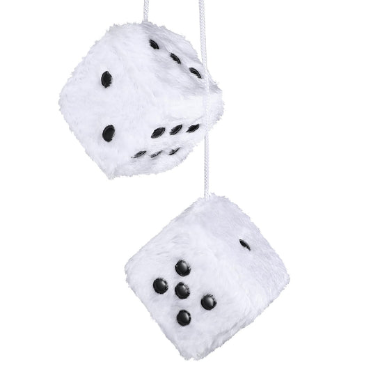 Fuzzy Dice for Car Mirror, 1 Pair of Retro 2.75 Fuzzy Dice for Rear View Mirror with White Dots for Car Interior Hanging Ornament Decoration(White)