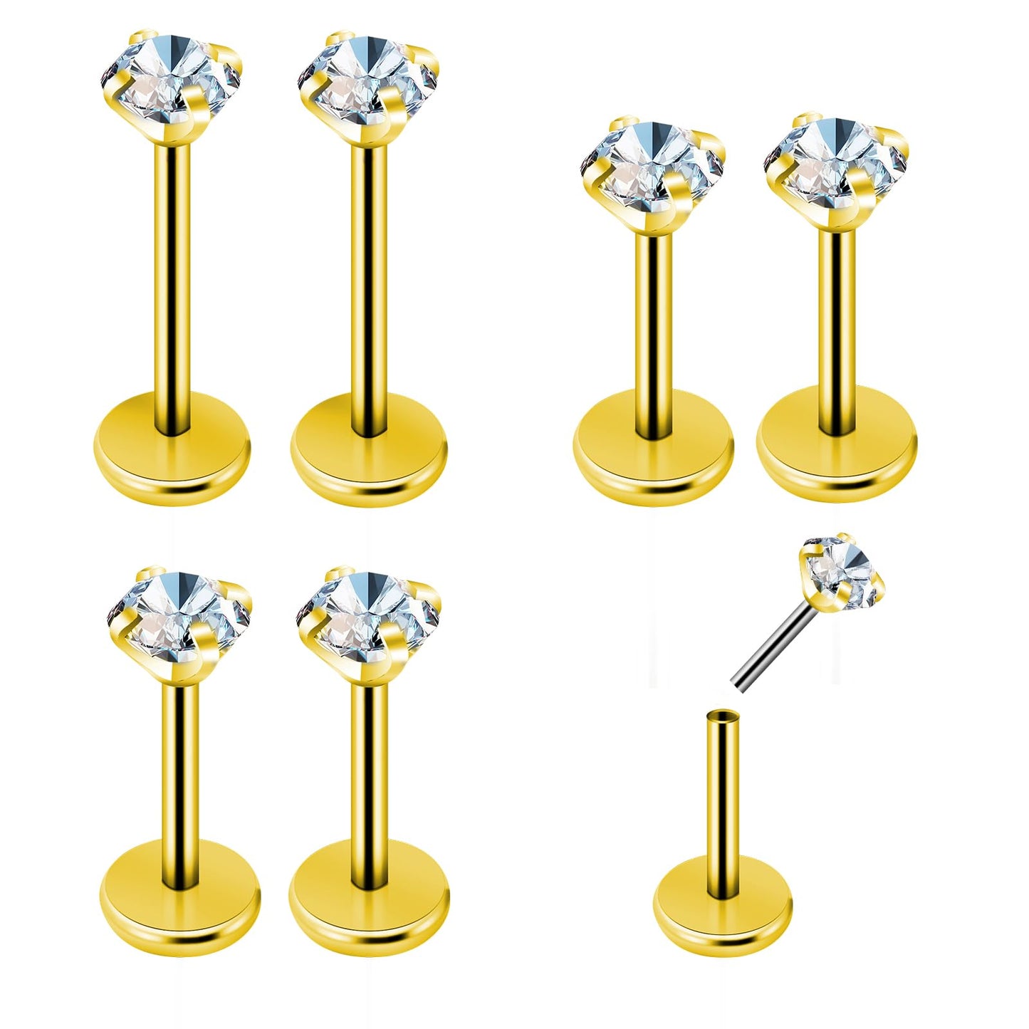 Lusofie 6pcs Stainless Steel Lip Labret Stud 20G Helix Tragus Piercing Jewelry 6mm 8mm Cubic Zirconia Tragus Helix Cartilage Stud Bar Piercing Jewelry Set(Gold)