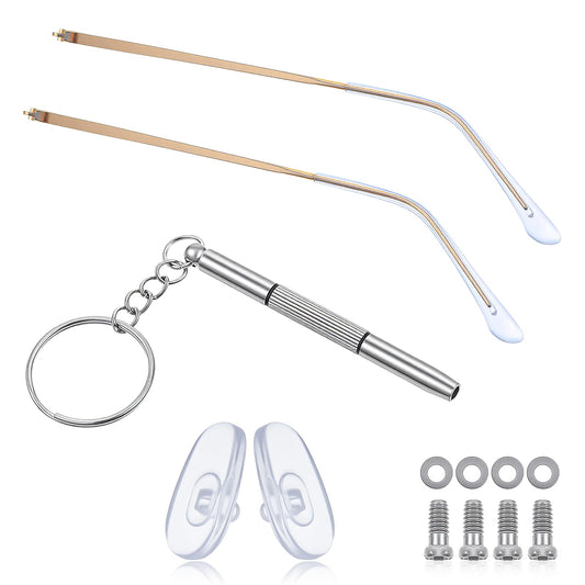 Glasses Arm Replacement - Gold Metal Eyeglass Arms Single Teeth Thin Glasses Legs Temple with Anti-Slip Clear Tips - Eyeglasses Replacement Parts Repair Kit with Screws Washers Screwdrivers Nose Pads