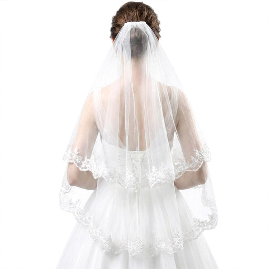 Lace Wedding Bridal Veil with Comb, 2 Tier Floral Edge Bridal Tulle Veil