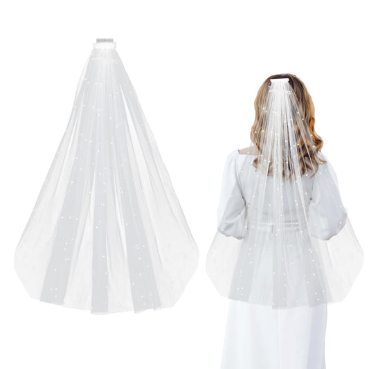 Pearl Veil with Comb White Veil for Bride Wedding Sparkly Bridal Tulle Veils 1 Tier Fingertip Length Wedding Veil Long Wedding Veil Headband Cathedral Veil Glitter Bachelorette Party Veil for Bride