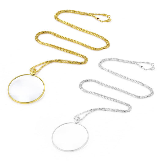 Yolev 2 Pieces Necklace Magnifier, 5X Magnifying Glass Pendant with 1.65 inch Diameter Glass Lens and 17.8 Inch Long Alloy Chain for Reading, Library, Zooming, (Gold, Silver)