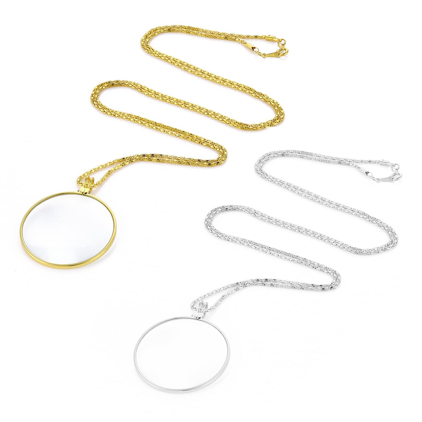 Yolev 2 Pieces Necklace Magnifier, 5X Magnifying Glass Pendant with 1.65 inch Diameter Glass Lens and 17.8 Inch Long Alloy Chain for Reading, Library, Zooming, (Gold, Silver)