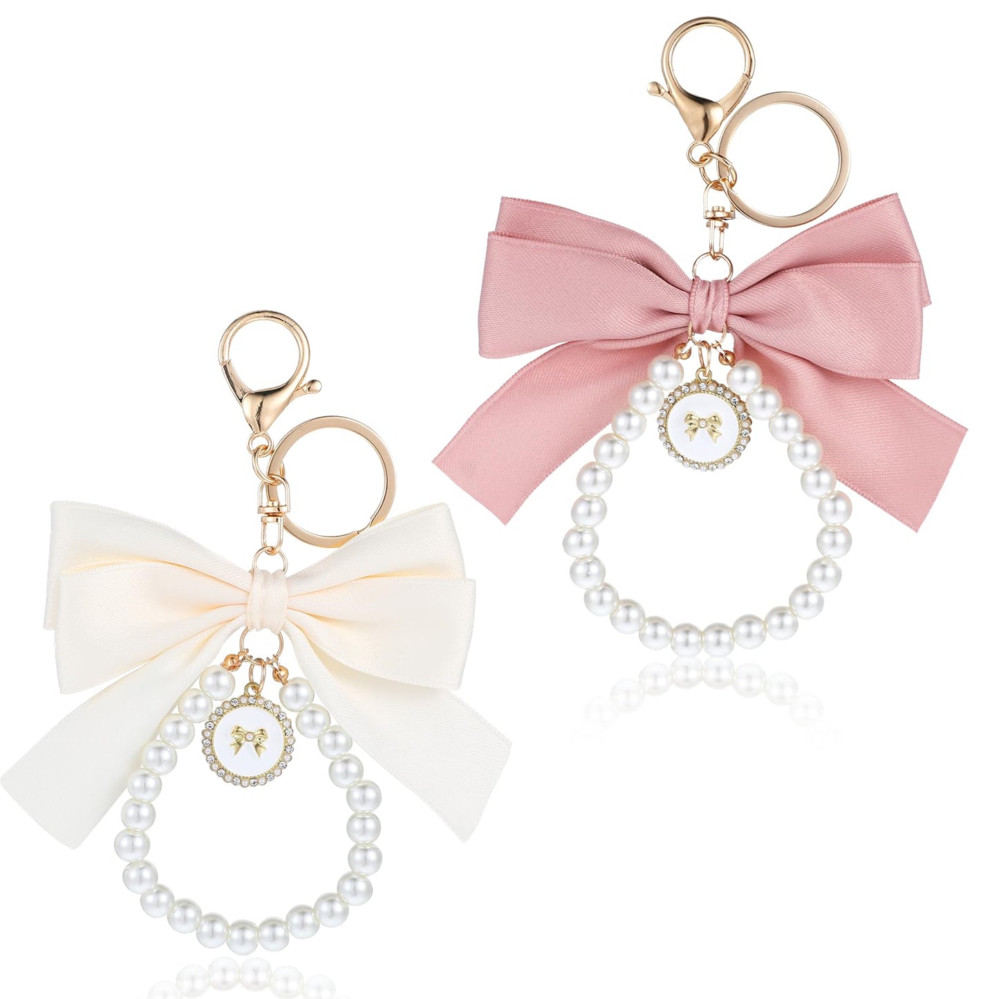 Lusofie 2 Pcs Bow Keychain Pearl Bow Keychain Bow Bag Charm Bow Purse Charm Cute Keychains for Women Coquette Keychain Pearl Keychain(White Pink)
