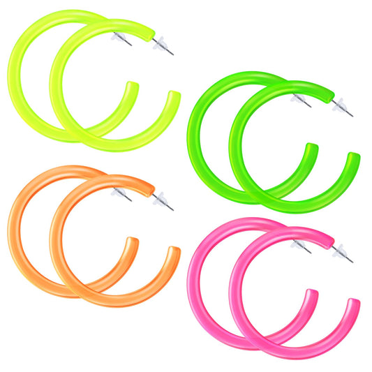 Neon Hoop Earrings 4 Pairs 80s Earrings Retro Colorful Neon Hoop Earrings for Women Acrylic Circle Round Big Hoop Earrings for 80s Party Costume Accessory