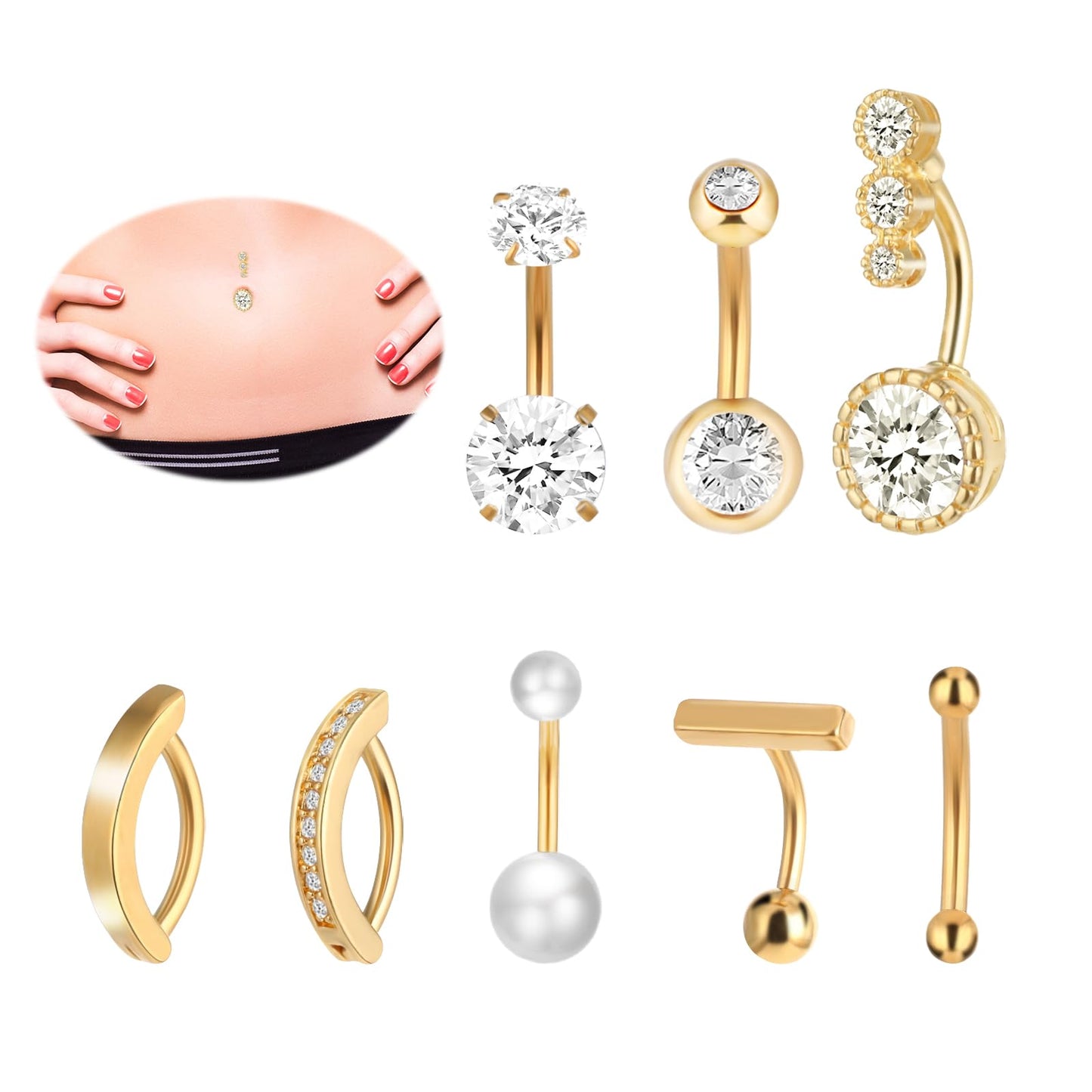 9pcs Belly Ring,Gold Belly Bar,Steel Belly Button Rings,Belly Button Piercing Kit,Round Pearl Diamond Women Cute Piercing Jewelry Belly Button Piercing Jewelry