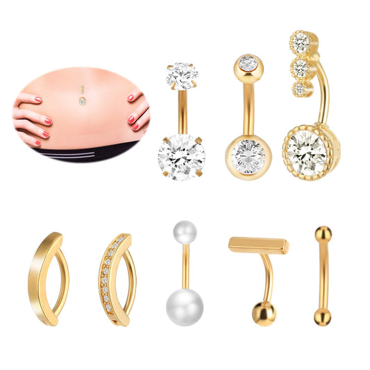 9pcs Belly Ring,Gold Belly Bar,Steel Belly Button Rings,Belly Button Piercing Kit,Round Pearl Diamond Women Cute Piercing Jewelry Belly Button Piercing Jewelry
