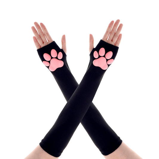 Telooco Cat Paw Gloves Therian Paws Long Fingerless Paw Gloves with 3D Pink Paw Pad Mittens Cosplay Gloves Sleeve for Halloween(Black)