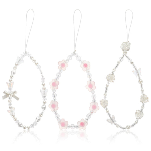 Tucnoeu 3pcs Butterfly Phone Charm,Beaded Phone Charm,Phone Beaded Wrist Strap,Crystal Butterfly Flower Pearl Phone Beaded Wrist Strap for Women Phone Keychain Charm (White, Pink)