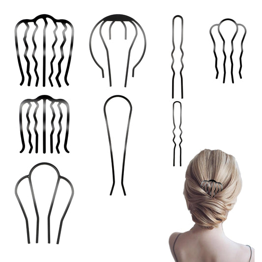 8Pcs Metal Hair Side Combs,Black Hair Fork Clip Teeth Hair Pin Stick for Updo Bun,U Shape Hair Pins French Hair Comb for Vintage Hairstyles Hair Accessories Women and Girls
