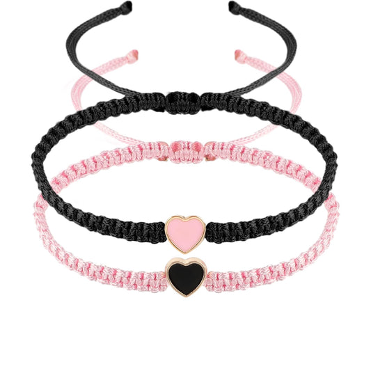 Telooco Set of 2 Colorful Heart Beaded Matching Bracelets for Couples Adjustable Heart Friendships Bracelets set Couples Gift for Anniversary Boyfriend Girlfriend(Black and Pink)