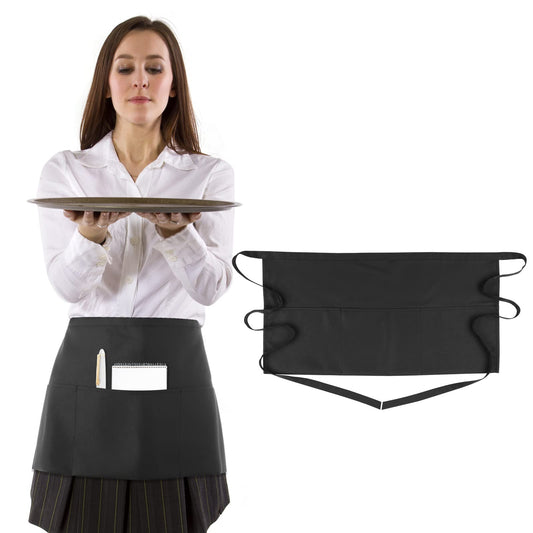 Yolev Unisex 1PCs Polyester Waist Apron with 3 Pockets, Black, Kitchen Apron for Women Men Water Oil Stain Resistant, Restaurant Server Aprons, Adjustable 37.4in Ties, Home & Craft Use