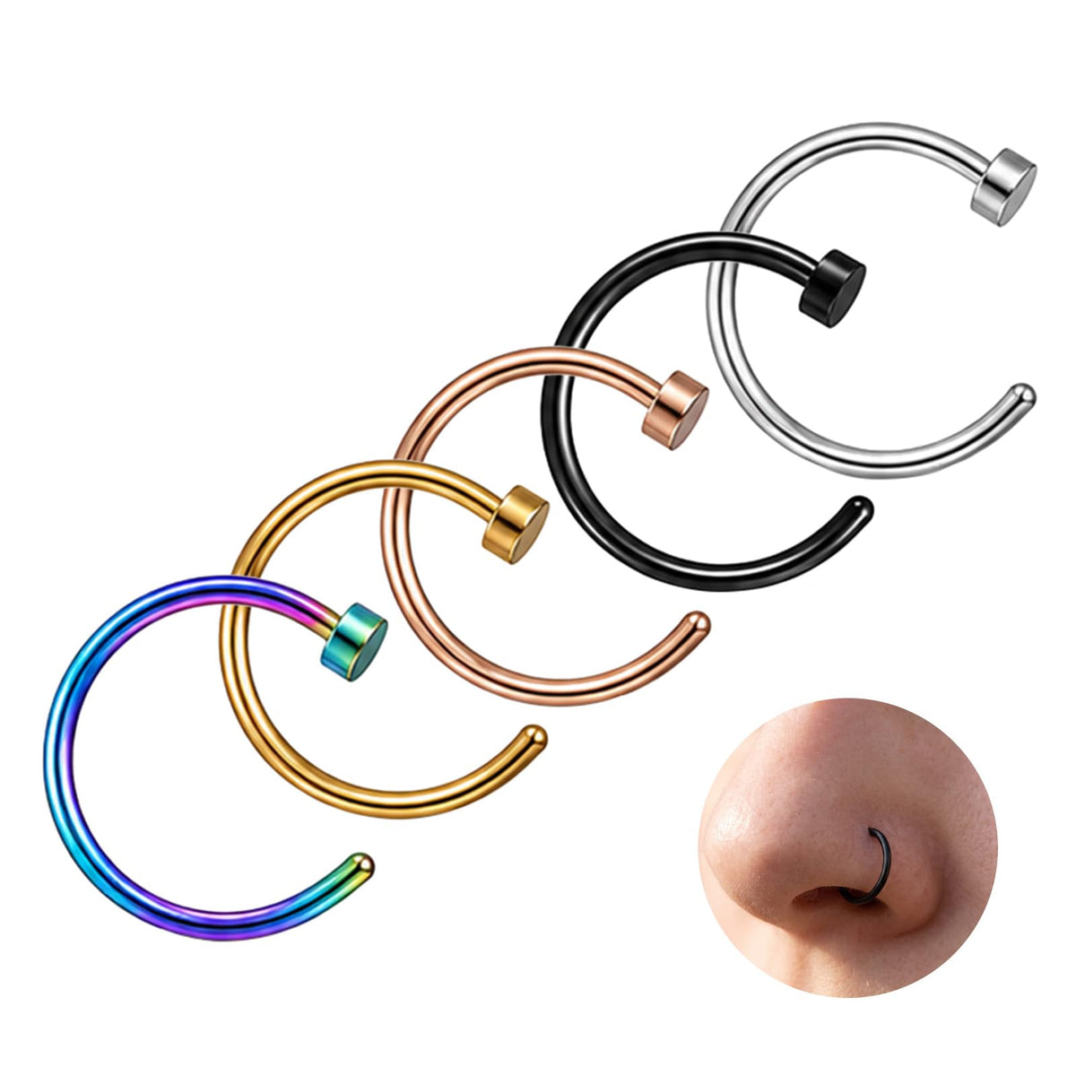 5PCS 20G Stainless Steel Nose Hoop Rings C-Shaped Hoop Nose Rings Piercing
