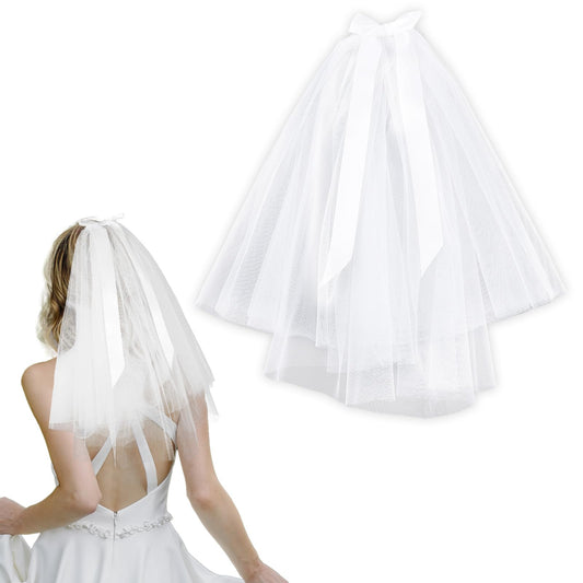 Wedding Veil for Brides, Short White Tulle with Bow Hair Clip Wedding Travel Party Bachelorette Party Hair Accessories for Women