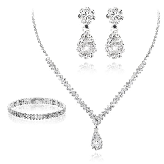 Yolev Rhinestone Bridal Jewelry Set for Wedding Crystal Rhinestone Necklace Teardrop Dangle Earrings Bracelets BridesmaidJewelry Set for Wedding Dress