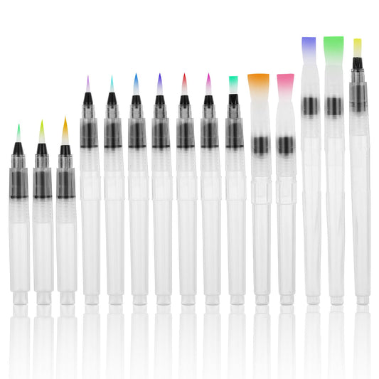 Watercolour Pens - 15Pcs Watercolour Brush Pens Refillable Long Tank Ink and Water Brush Pens Leakproof Travel Watercolor Brushes for All Water Soluble Pigment Calligraphy (3 Size,Pointed & Flat)