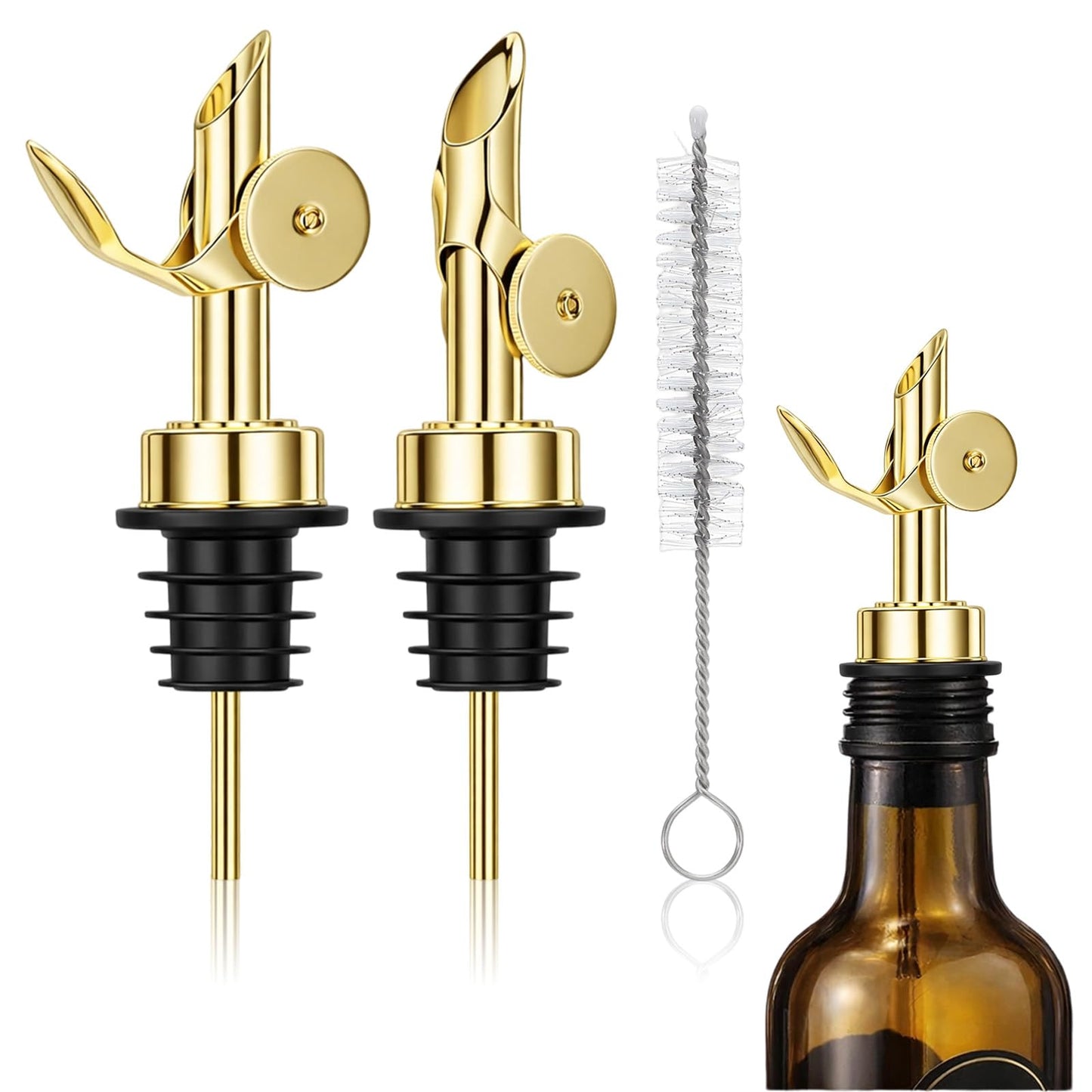 2 Pcs Olive Oil Dispenser Spout Stainless Steel Bottle Pourers with Brush