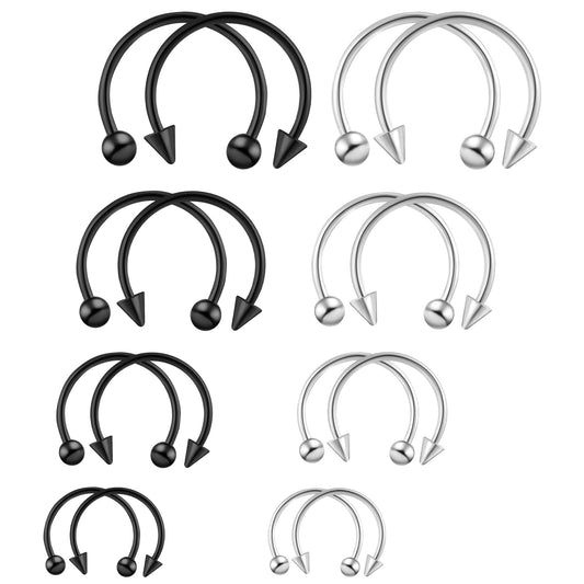 Tucnoeu 16pcs Septum Nose Rings 16 Gauge Nose Ring Multiple Different Sizes Horseshoe Nose Ring,Stainless Steel Septum Ring for Men and Women (Silver,black)