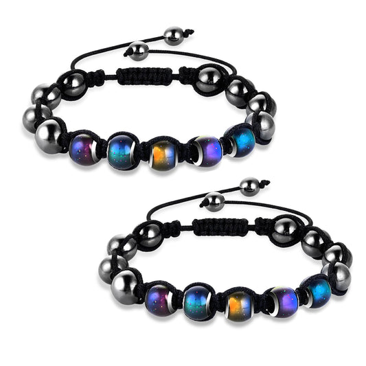 Lusofie 2 Pcs Adjustable Mood Bracelet Dazzling Shimmer Color Changing Beads Based on Emotions Thermochromic Bead Bracelets Mood Jewelry for Women Men Holiday Christmas Gifts