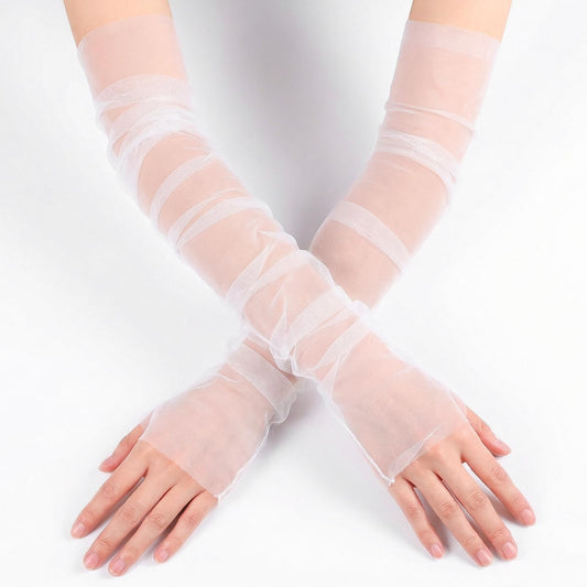 Gemoioio 1 Pair Long White Tulle Gloves for Women, Elbow-Length Bridal Fingerless Glove, Soft Mesh Sheer Gloves for Wedding, Prom, Ball, and Vintage Costume Accessories