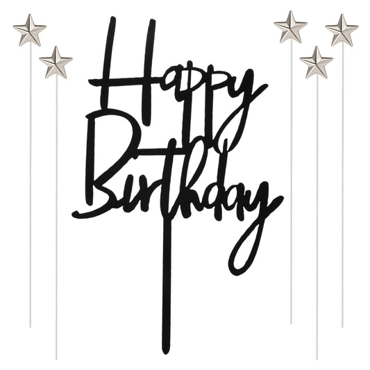 Black Acrylic Happy Birthday Cake Topper Set - Silver Star Cake Decorations - Reusable Double Sided Black Birthday Decorations