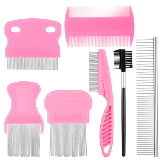 7-Pack Professional Flea & Tick Comb For Dogs & Cats - Fine & Wide Tooth Stainless Steel Pet Grooming Kit for Removing Lice, Tangles & Tear Stains, Dematting Brush