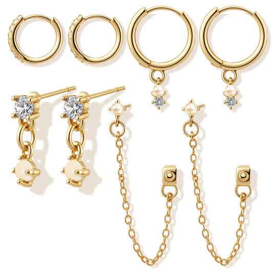 Gold Layered Earring Sets for Women, 14k Gold Plated Dainty Hoop Drop Chain Earrings Stack Set Small Huggie Earrings Trendy Fashion Jewelry Set
