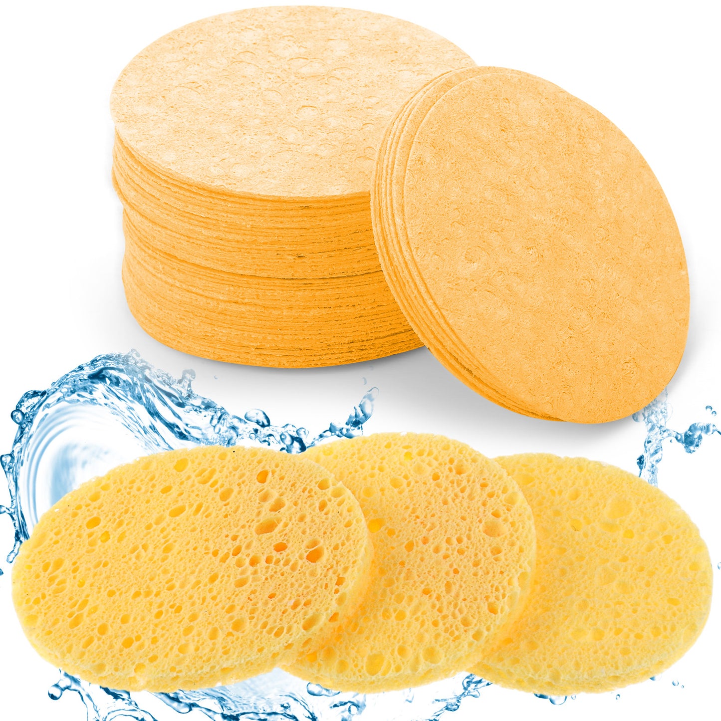 60Pcs Facial Sponges, 100? Natural Wood Pulp Compressed Face Sponge, Facial Cleansing Sponge Face Exfoliating Pads for Daily Skin Care Deep Cleaning Makeup Removal (Yellow)
