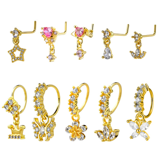 10Pcs 20G Dangle Nose Rings Surgical Steel Dangling Nose Ring and L Shaped Dangling Nose Stud Set Gold Butterfly Heart Moon Flower Star Piercing Jewelry CZ Cartilage Earring for Women Party Gathering