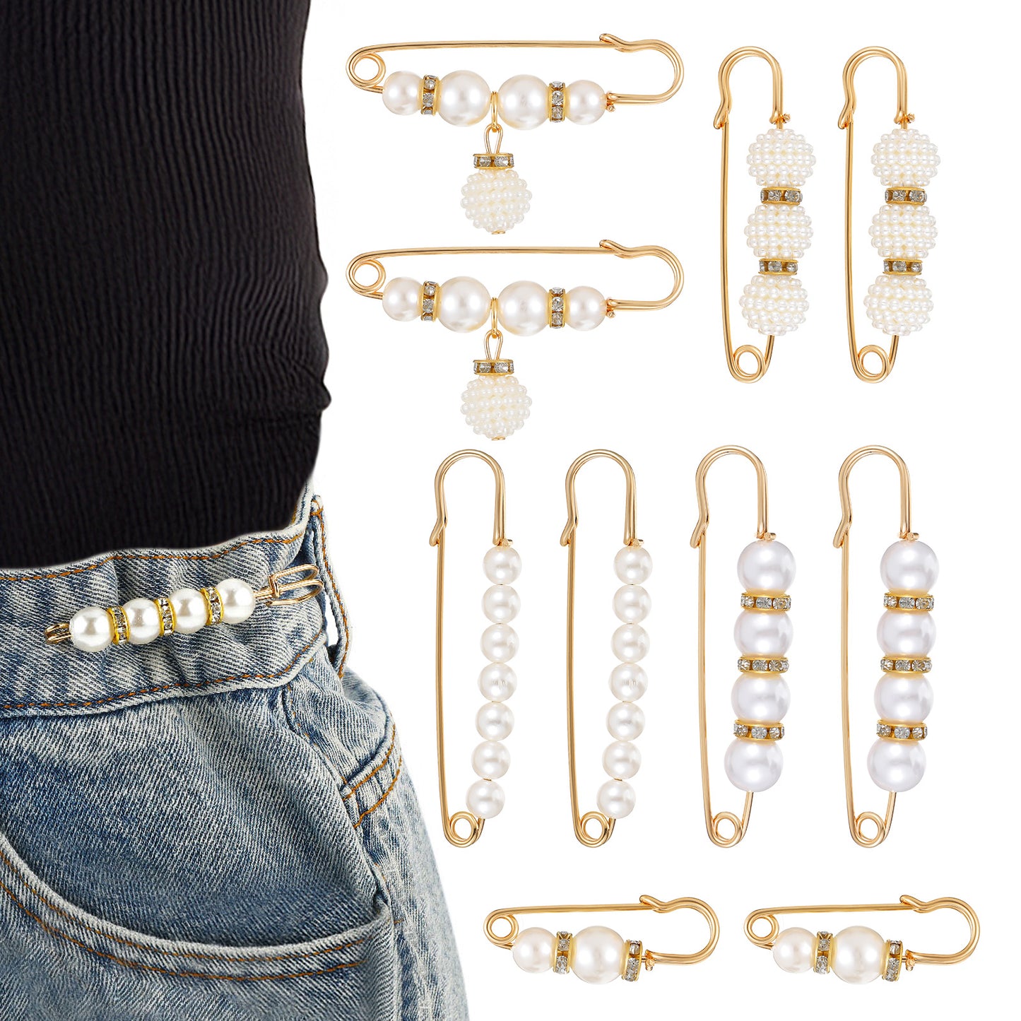 10 Pcs Pearl Brooch Pins Sweater Waist Tightener Pins Safety Pin for Clothes Dress Pants Skirt Cardigan Jeans Waist Women Decoration Accessories