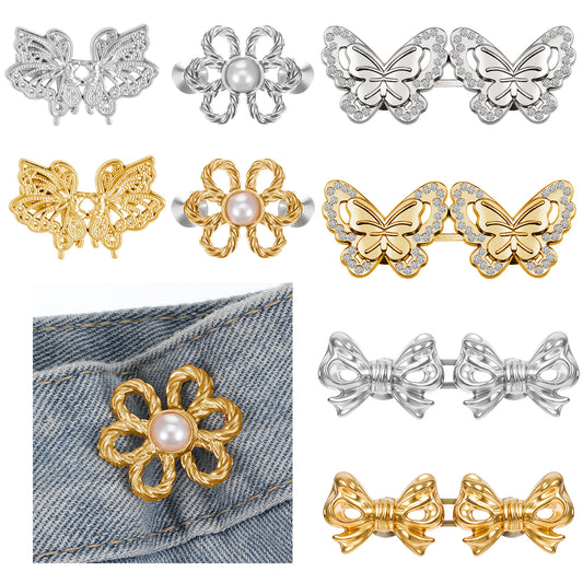 8 Sets Pant Waist Tightener 4 Styles Waist Adjuster for Loose Pants No Sewing Detachable Waist Buckles Bow Butterfly Flowers Waist Pin Clip for Jeans Skirts Decorative